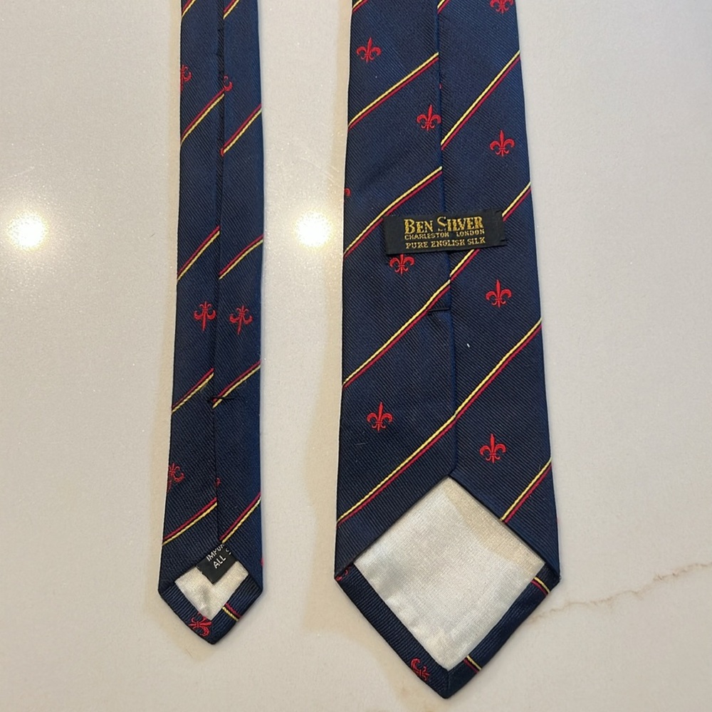 Ben Silver Fleur de Lys Pure English silk Necktie Tie - Picture 3 of 4